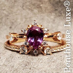 REAL Alexandrite Pear Cut 18k Rose Gold 925 Silver Ring Set